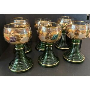 German Roemer Wine Glasses Green Beehive Stem Gold Rim Purple Teal Crystals 6 PC